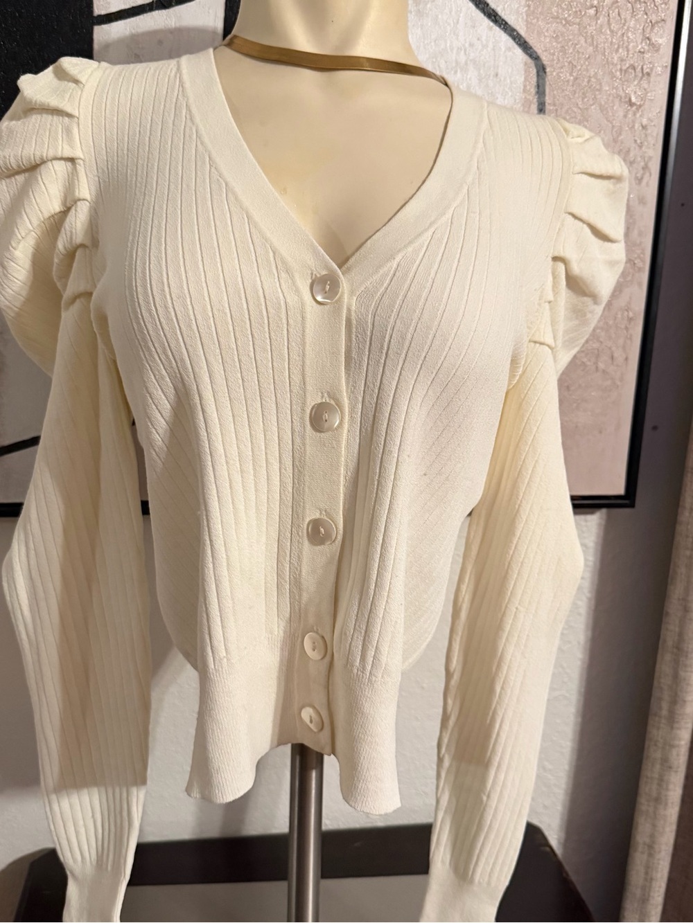 Autumn Cashmere Cream Puff-Sleeve Ribbed Button Cardigan